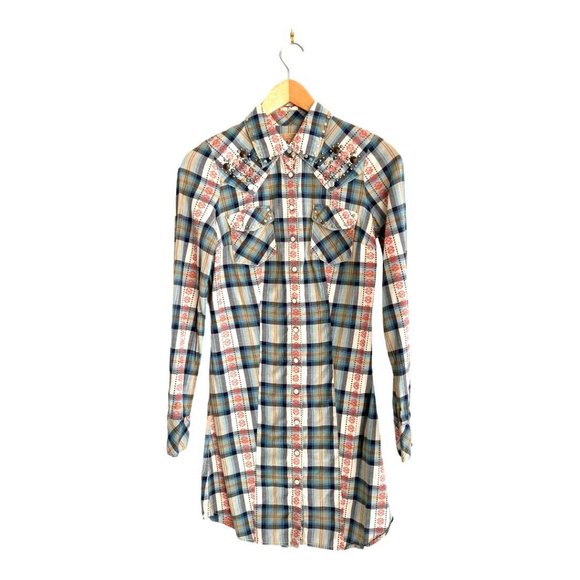 GUESS JEANS Western Revival Shirt Dress Pearlized Snap Button Down Missing Belt - Picture 1 of 6